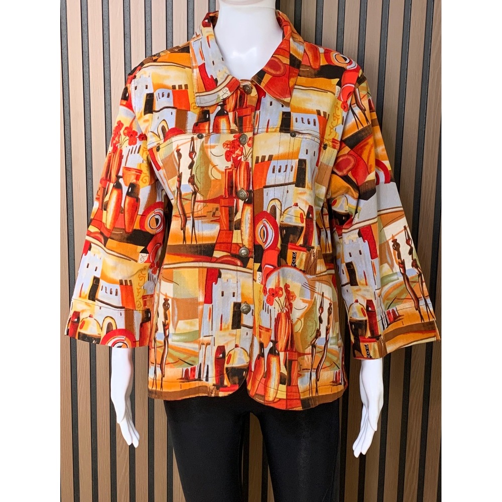 Kaktus Women's 1X Artsy Village Print Button Front Jacket Orange Red Lagenlook